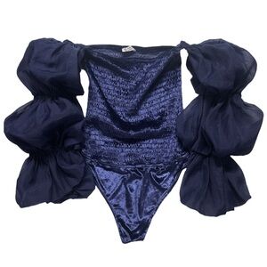 FP INTIMATES women's blue "girls just wanna" puff sleeve velvet bodysuit, M.